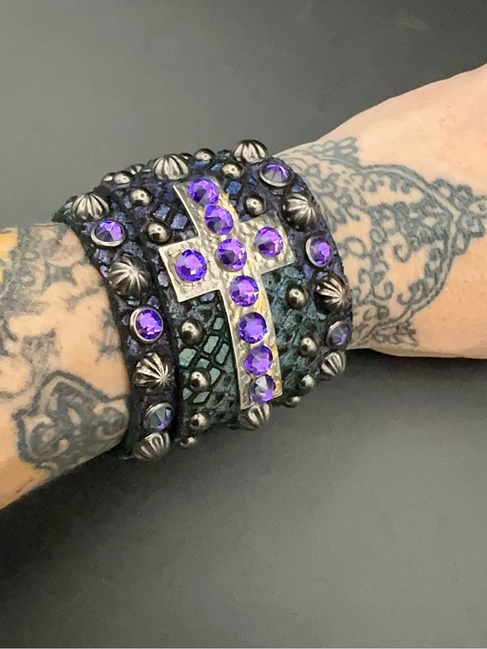The Rowdy Cowgirl Purple Leather Swarovski Crystal Cross Gunslinger Cuff